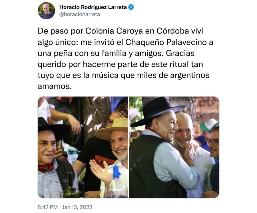 Tuit de Larreta con el Chaqueño Palavecino 20230114