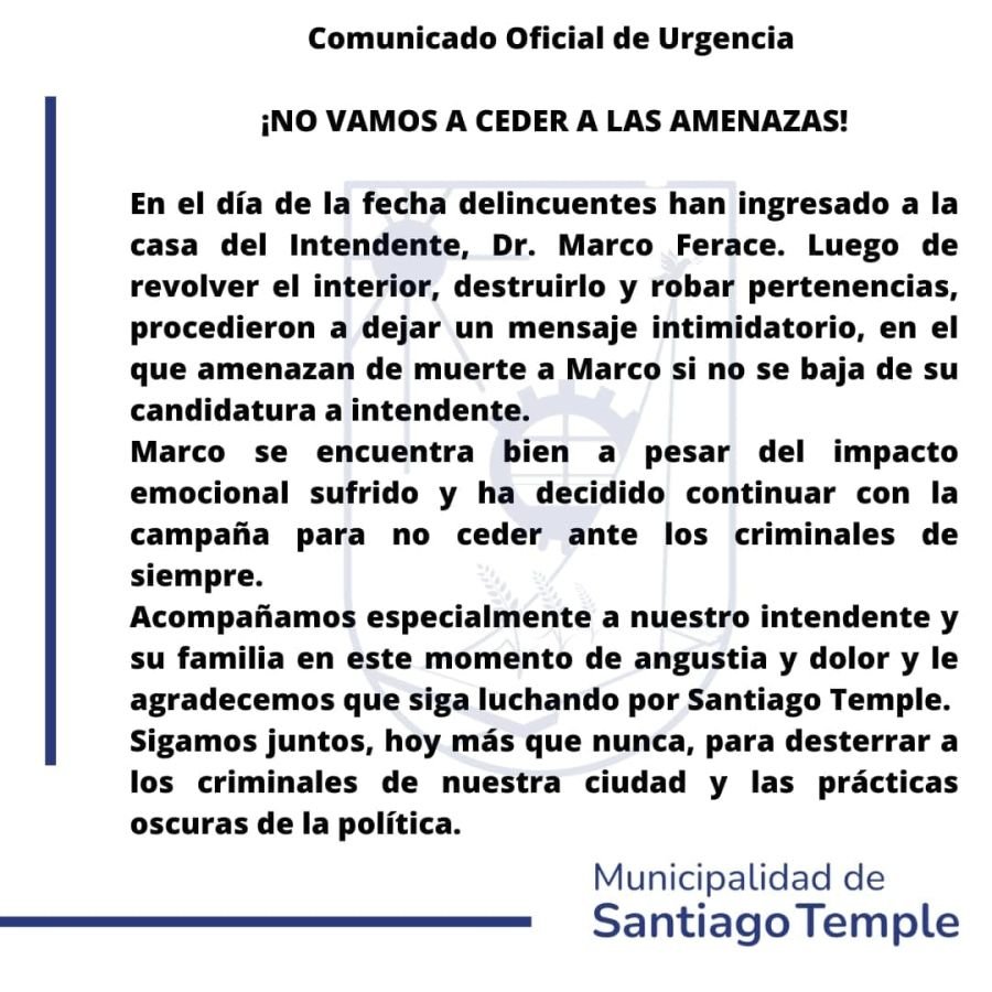 Comunicado Santiago Temple sobre amenazas al intendente