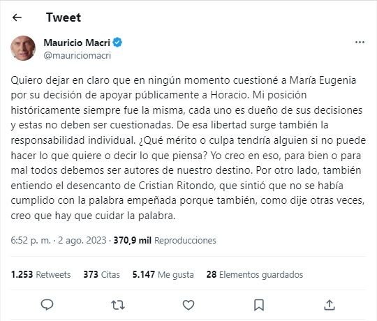 Tuit Mauricio Macri sobre María Eugenia Vidal g_20230802