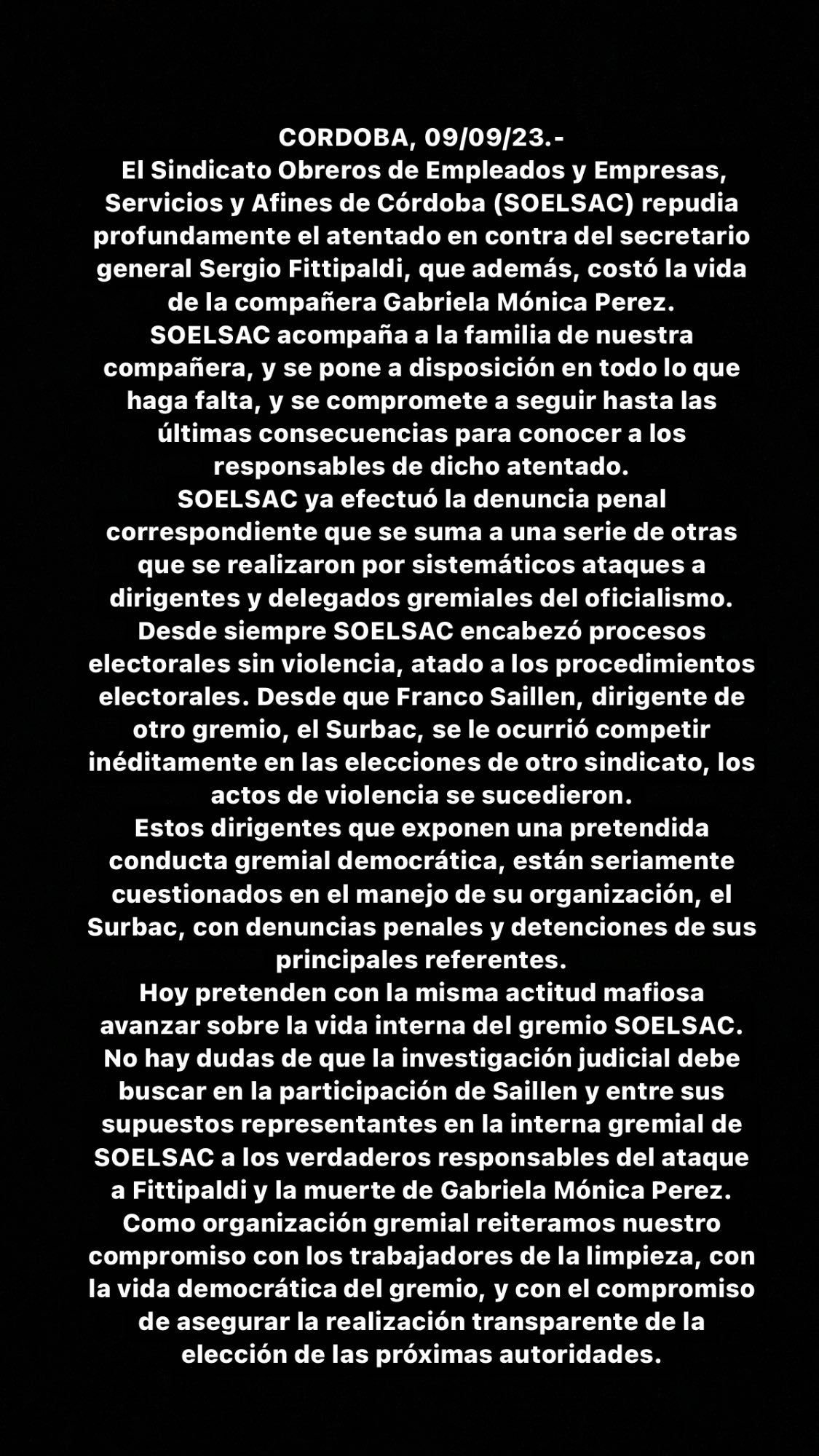 SOELSAC comunicado crimen Gabriela Pérez