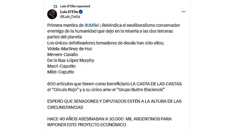 Tuit de Luis D'Elia 20231221