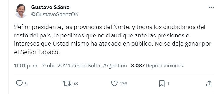 Gustavo Sáenz contra Milei por el tabaco