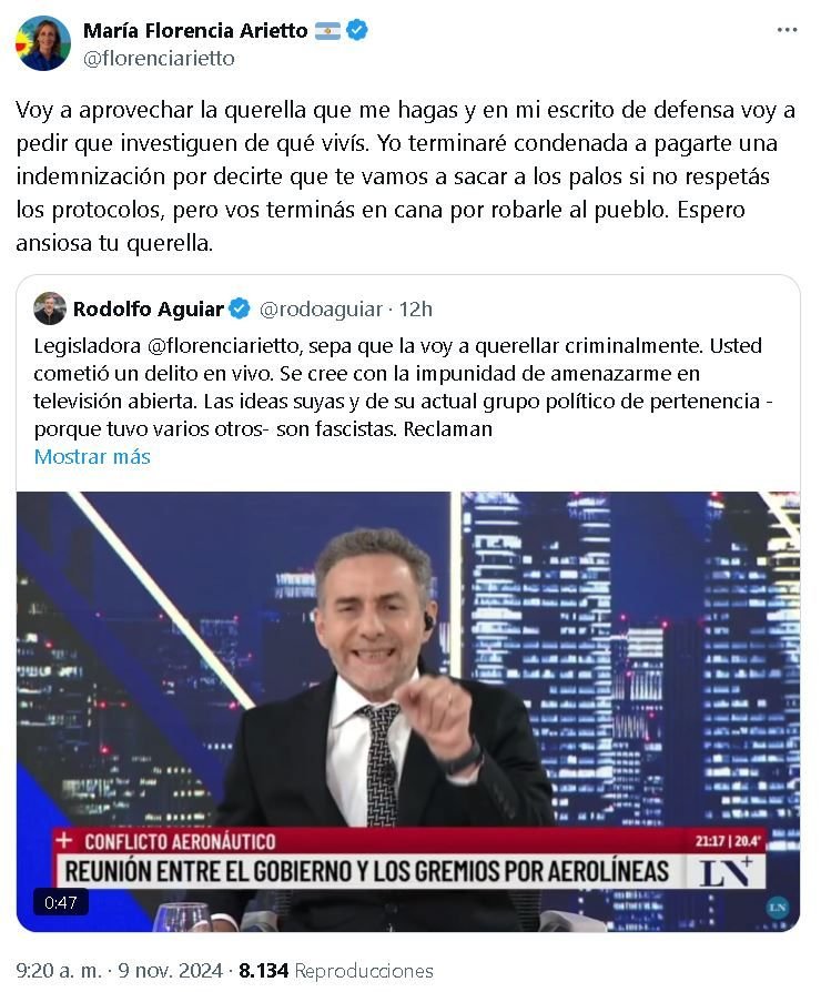 Tuit Florencia Arietto en respuesta a Rodolfo Aguiar