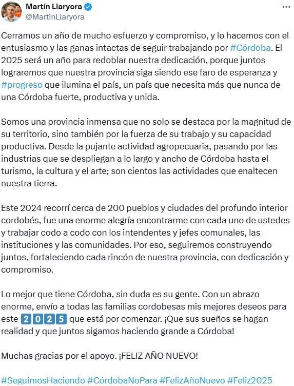 Mensaje de Llaryora