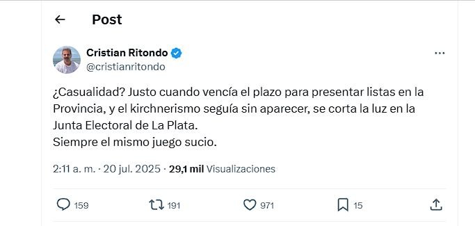 El tuit de Cristian Ritondo sobre el curioso corte de luz en La Plata que permitió que el PJ estirara el plazo para la presentación de sus listas.