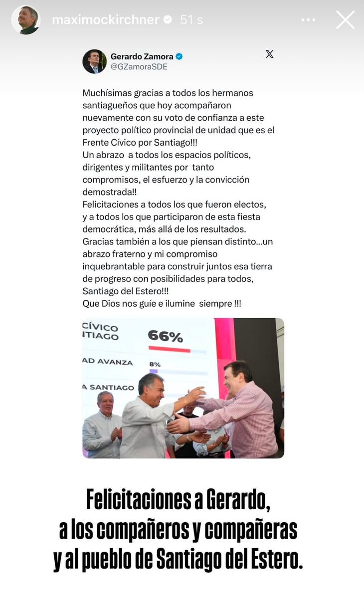 El posteo de Máximo Kirchner en Instagram de saludo a Gerardo Zamora por el triunfo. 