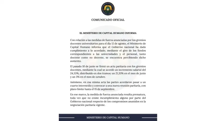 Comunicado Ministerio de Capital Humano 06082026